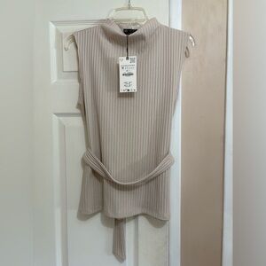 Zara Sleeveless Ribbed High Neck Beige Belted Top